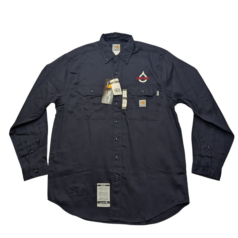 NWT Carhartt FR Shirt Men Large Navy Blue Flame Resistant Button Down FR5003 DNY